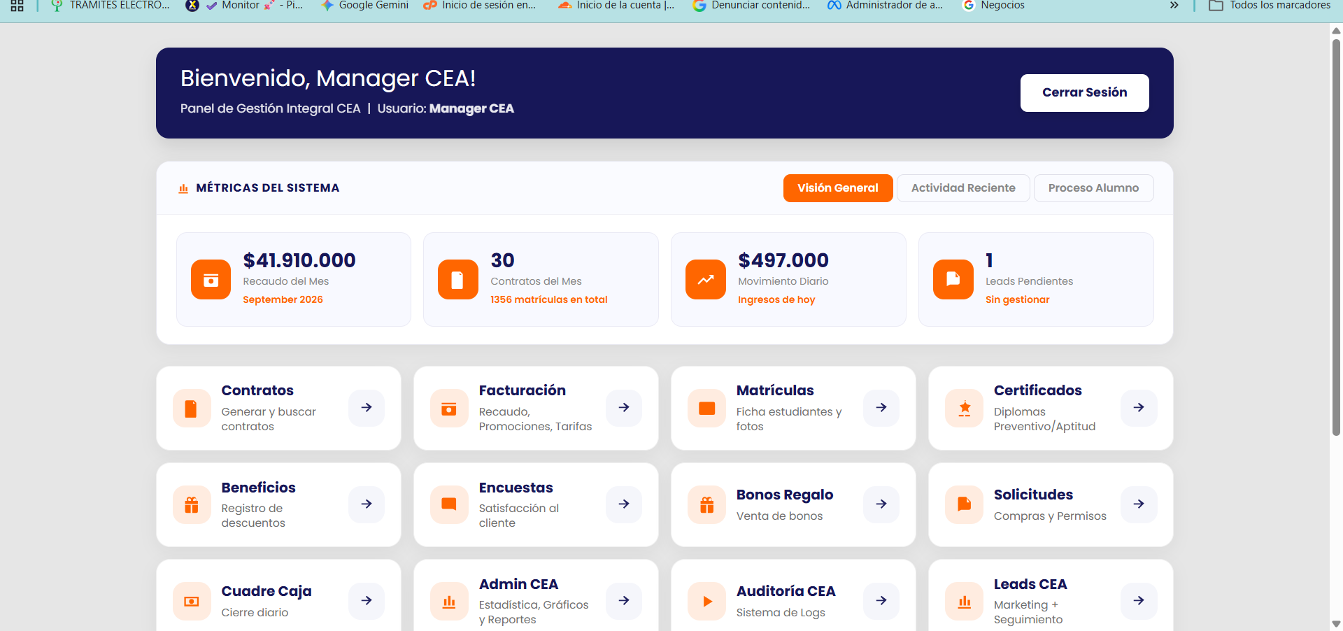 Dashboard de Sistema CEA PRO en CEA Mosquera