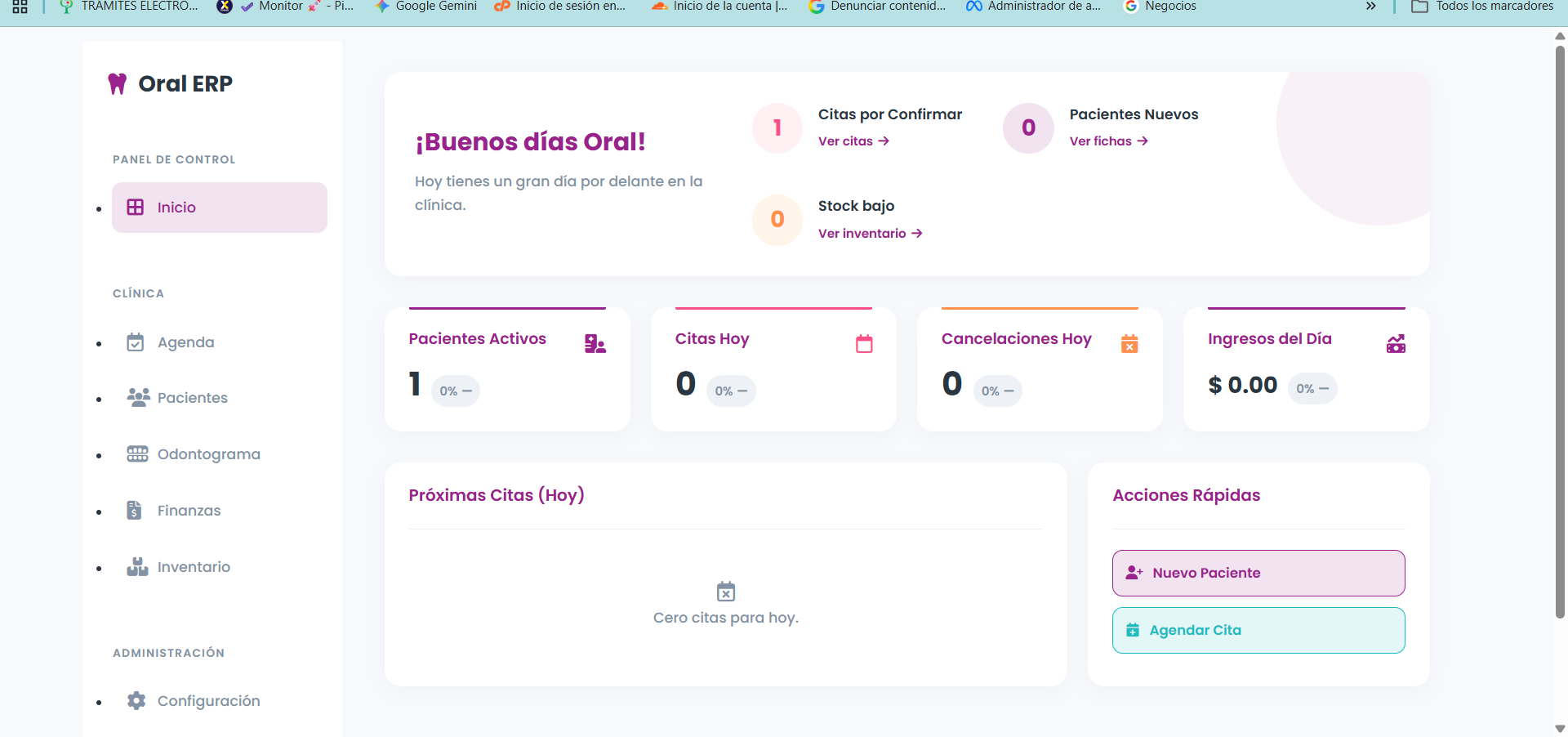 Dashboard de Sistema Oral ERP
